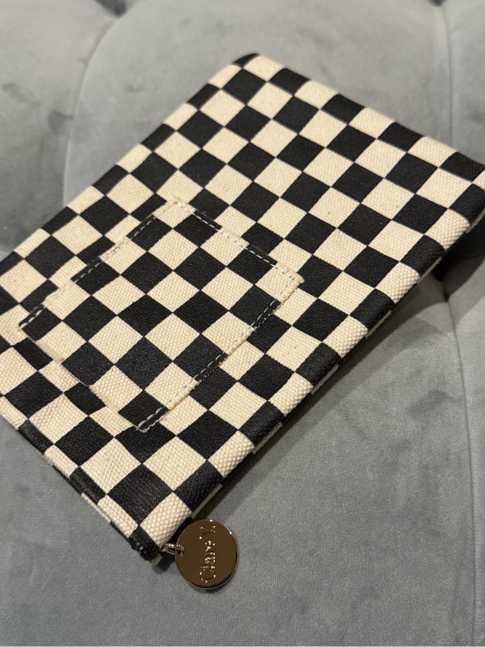 Clare V Black & Cream Checkered Canvas Poche with Pocket